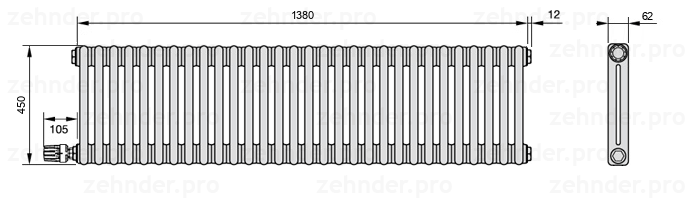 Схема (чертеж) Радиатор Zehnder Charleston 2045/30 №V004 Белый глянцевый RAL 9016